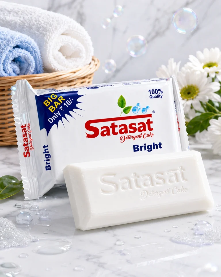 Satasat Bright Detergent Cake by Hari Om Industries with superior cleaning, rich foam, powerful stain removal, and pleasant fragrance